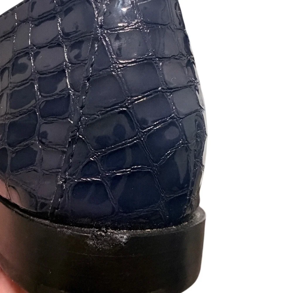 Donald Pliner Navy Blue Croc Embossed Patent Leather Chain Loafers Square Toe